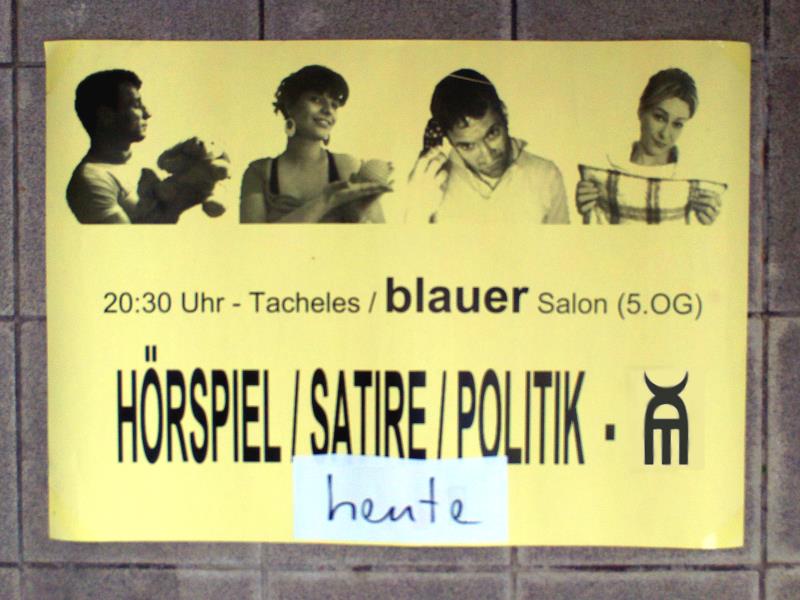 Veranstaltungshinweis von moderne21 im Tacheles (Kreative-Mitte, 2006) | Auf dem Plakat: Laurent Daniels, Jenny Bins, Christian Senger, Debora Weigert